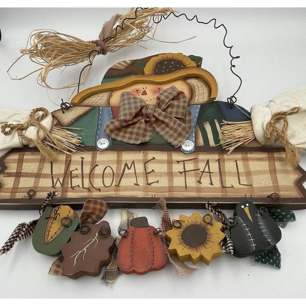 Vtg Hand Painted Wood Door Sign Scarecrow Welcome Fall Halloween Autumn Decor